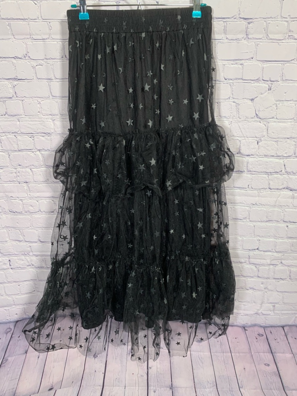 Pink Lily Womens Tiered Maxi Skirt Star Print Sheer Black M Celestial Ethereal